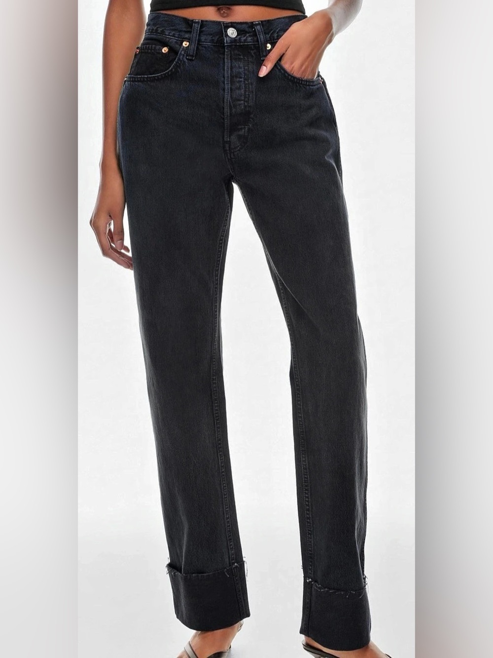 RE/DONE Aritzia High Rise Loose Long Cuff Jeans Talla Blackened Blue Button Fly